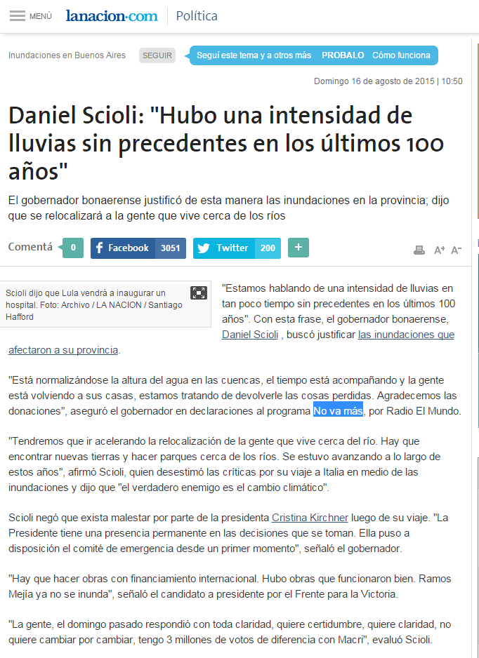 Scioli: «Estamos hablando de una intensidad de lluvias en tan poco tiempo sin precedentes en los últimos 100 años»