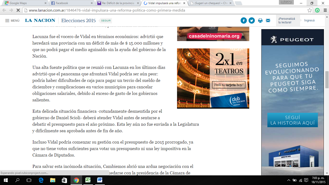 La Nación: «Vidal heredará una provincia con un déficit de más de $ 15.000 millones y que no podrá pagar el medio aguinaldo sin la ayuda del gobierno de la Nación»