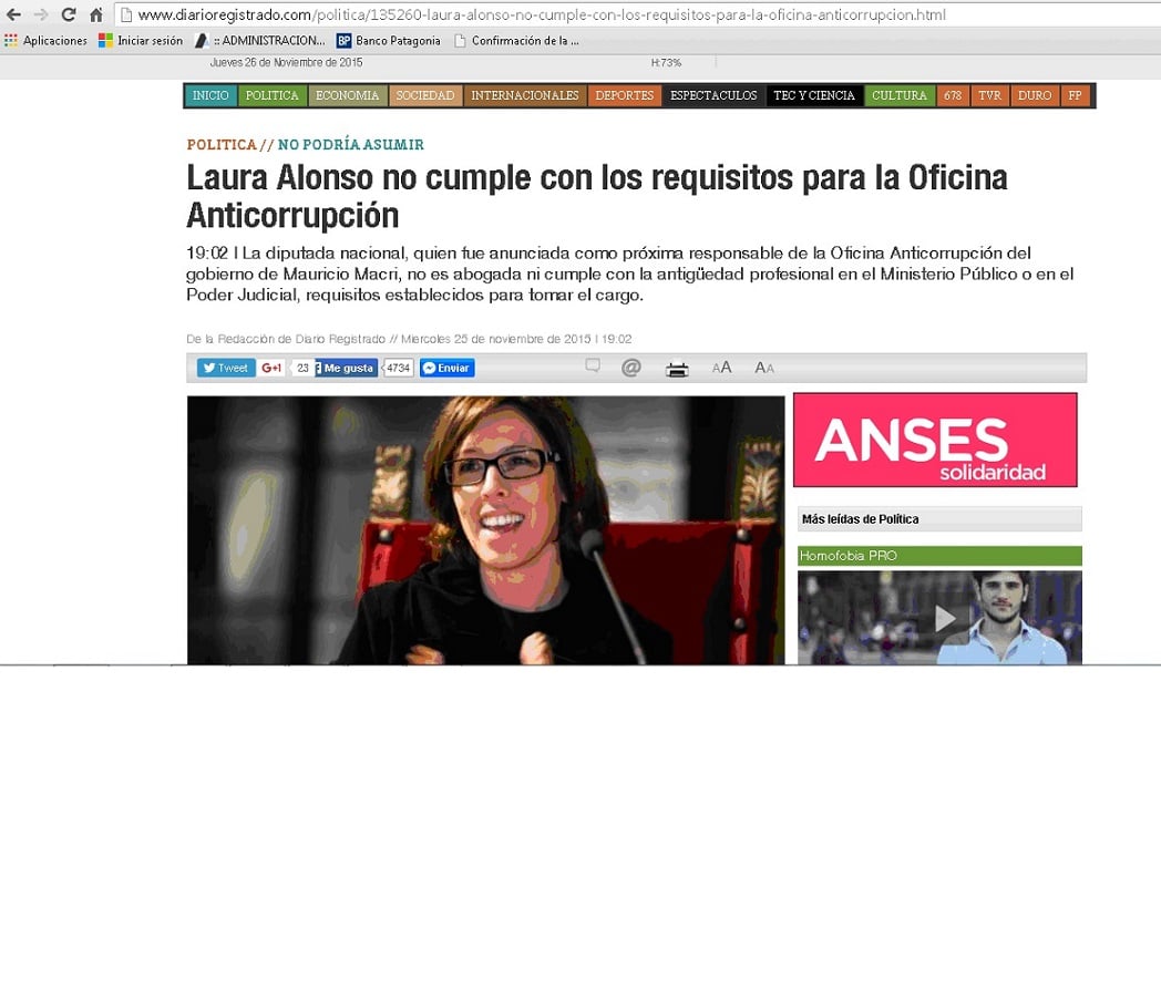 Diario Registrado: «Laura Alonso no cumple con los requisitos para la Oficina Anticorrupción»