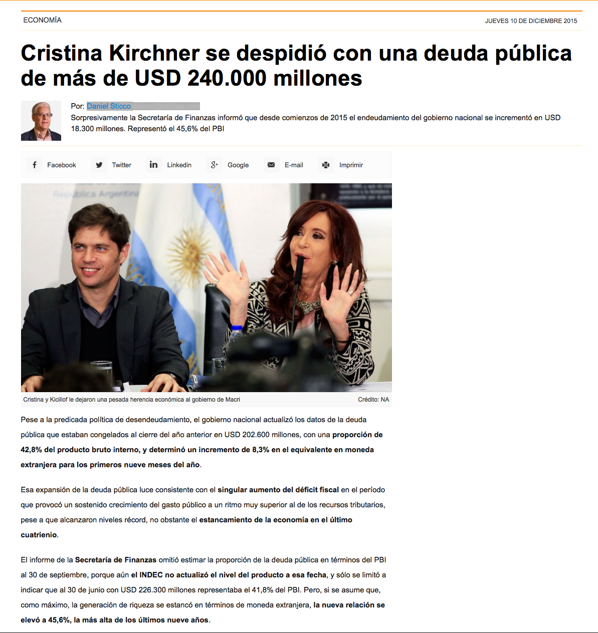 Daniel Sticco: «Cristina Kirchner se despidió con una deuda pública de más de USD 240.000 millones».