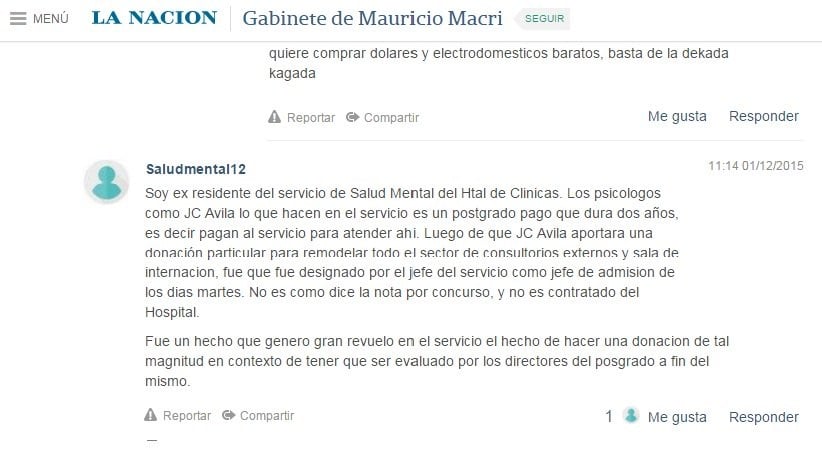 Forista de La Nación, sobre Avila: «No es como dice la nota por concurso, y no es contratado del Hospital».