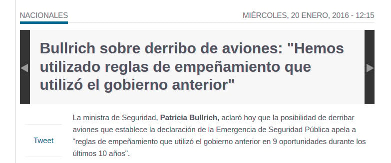 Patricia Bullrich, sobre derribo de aviones: «Hemos utilizado las llamadas reglas de empeñamiento que utilizó el gobierno anterior en 9 oportunidades durante los últimos 10 años»