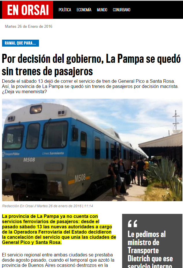 Orsai: «Por decisión del Gobierno, La Pampa se quedó sin trenes de pasajeros»