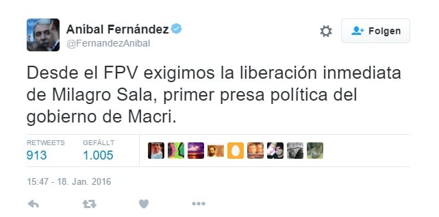 Anibal Fernandez: «Milagro Sala, primer presa política del gobierno de Macri».