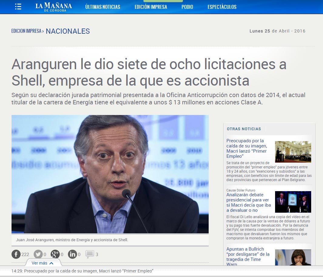 La Mañana de Córdoba: «Aranguren le dio siete de ocho licitaciones a Shell, empresa de la que es accionista».