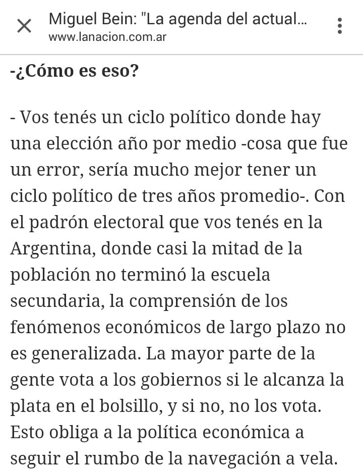 Bein: «Del padrón electoral, casi la mitad no terminó la escuela secundaria».