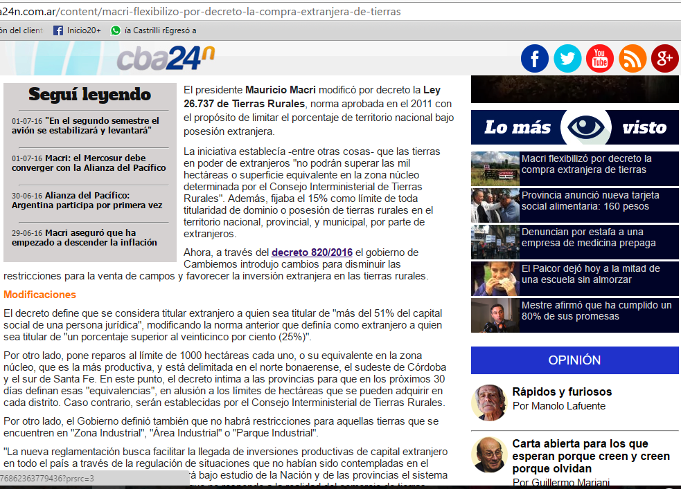 CBA24N.COM.AR: «Macri flexibilizó por decreto la compra extranjera de tierras».