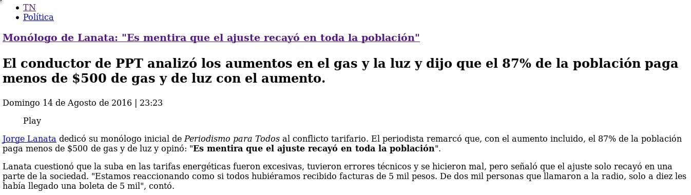 Lanata: «El 87% de la población paga menos de $500 de gas y de luz con el aumento aplicado».