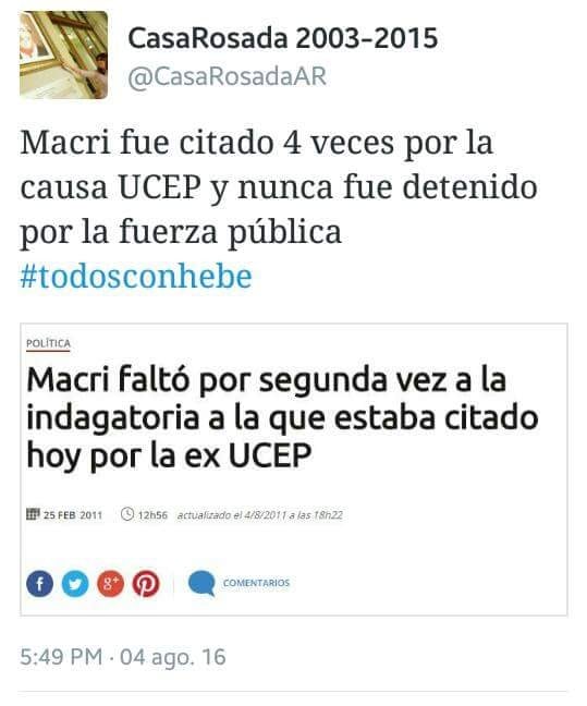 @Casa Rosada2003-2015: «Macri fue citado cuatro veces por la causa UCEP y nunca fue detenido por la fuerza pública».