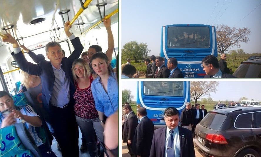 «En la redes sociales salieron fotos de macri viajando en colectivo, como así también salieron diversos comentarios de las mismas, dudando de su veracidad. Es posible chequear si verdaderamente fue un viaje ‘espontáneo’ en colectivo por Pilar con gente real? Este es un comentario que encontré en la pagina www.letrap.com.ar y en muchas otras más. En tanto, una segunda fotografía muestra directamente al protagonista (Macri) saliendo del colectivo rodeado por algunos de los integrantes de la comitiva que hicieron las veces de actores de reparto. La puesta en escena estaba consumada. En tanto, un informe del noticiero Pilar Noticias muestra cómo el jefe de Estado llega hasta el colectivo en helicóptero, sube a la unidad que lo espera detenida y vuelve a irse por aire. El chofer del ómnibus contó que sabía lo que iba a pasar desde las tres de la mañana de ese día»