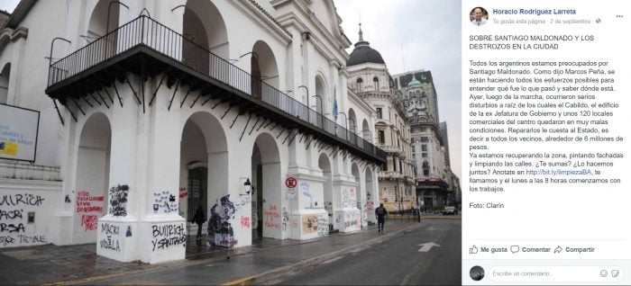 Rodríguez Larreta: «Ayer, luego de la marcha, ocurrieron serios disturbios a raíz de los cuales el Cabildo, el edificio de la ex Jefatura de Gobierno y unos 120 locales comerciales del centro quedaron en muy malas condiciones. Repararlos le cuesta al Estado, es decir a todos los vecinos, alrededor de $6 millones»