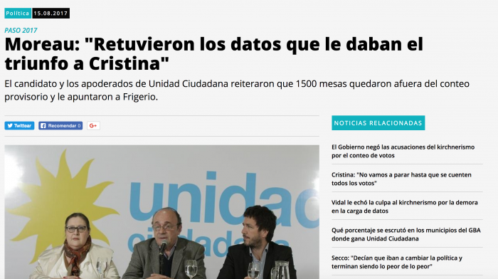 Moreau: «Retuvieron los datos que le daban el triunfo a Cristina»