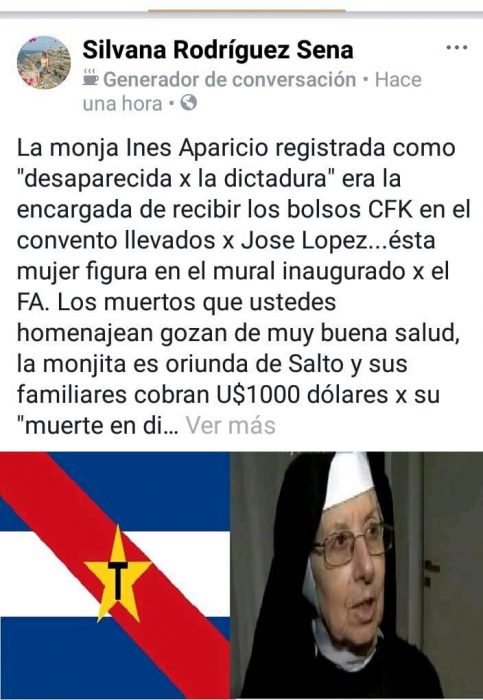 Es falso que la monja que recibió los bolsos de José López aparece como desaparecida por la dictadura uruguaya