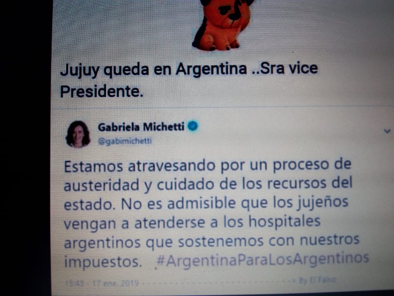 No, Michetti no tuiteó que los jujeños deberían dejar de atenderse en hospitales argentinos