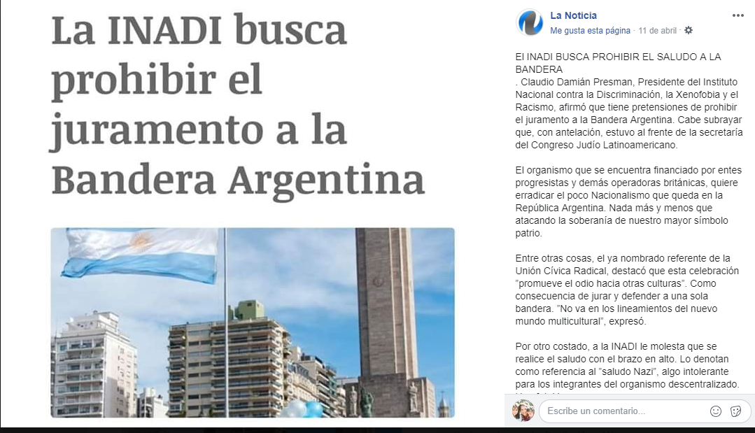 Es falso que el Inadi quiere prohibir el juramento a la bandera