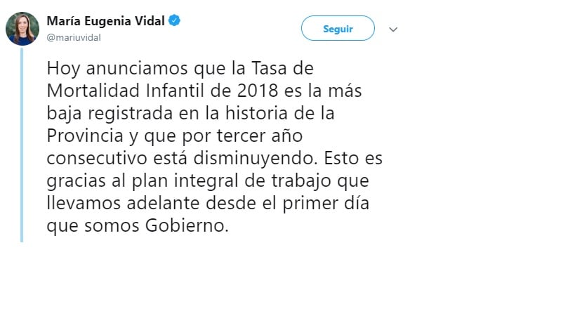 Maria Eugenia Vidal: “La tasa de mortalidad infantil de 2018 es la más baja registrada en la historia de la Provincia”