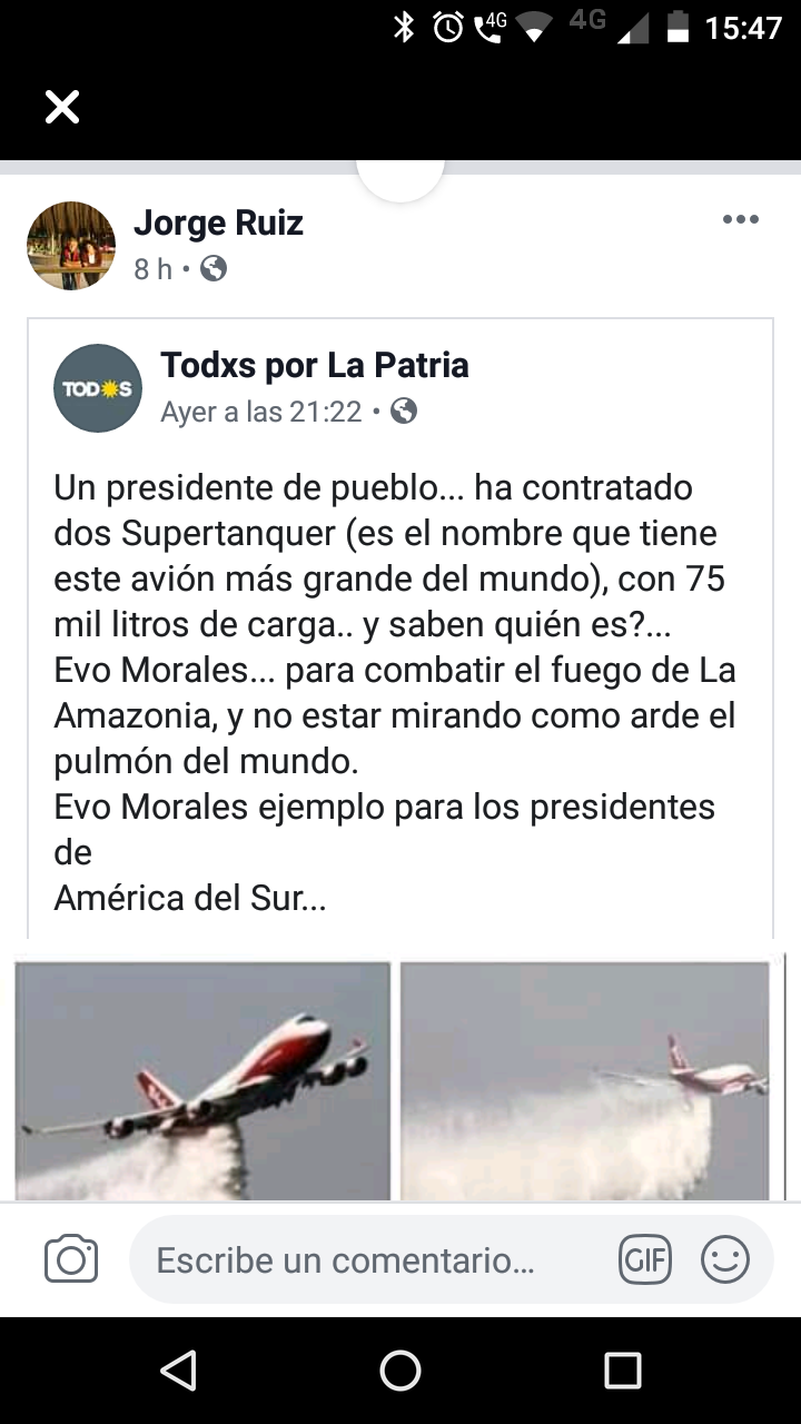 Es verdadero que Evo Morales contrató un avión SuperTanker para combatir los incendios en Bolivia