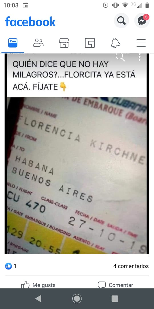 Es falso el pasaje de avión que muestra que Florencia Kirchner viajó a la Argentina el 27 de octubre último