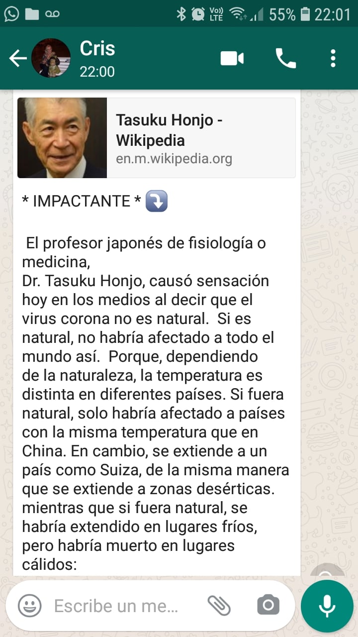 Es falso que Tasuku Honjo, Premio Nobel de Medicina, dijo que el coronavirus “no es natural”