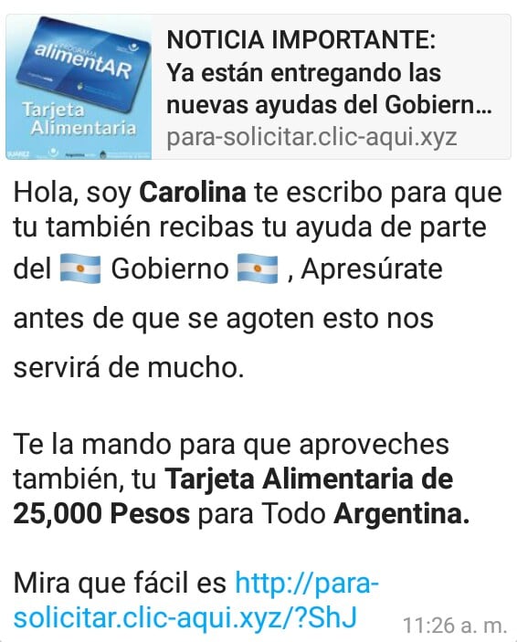 No hay que llenar un formulario para acceder a la Tarjeta Alimentar y el Gobierno no da ayudas de $ 50 mil: se trata de un engaño para robar datos