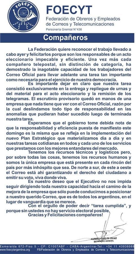 Es #FalsoEnLasRedes que los trabajadores del Correo hicieron un comunicado por el resultado de las PASO