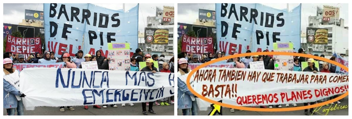 Es falsa la imagen del cartel de Barrios de Pie que dice: “Ahora también hay que trabajar para comer”