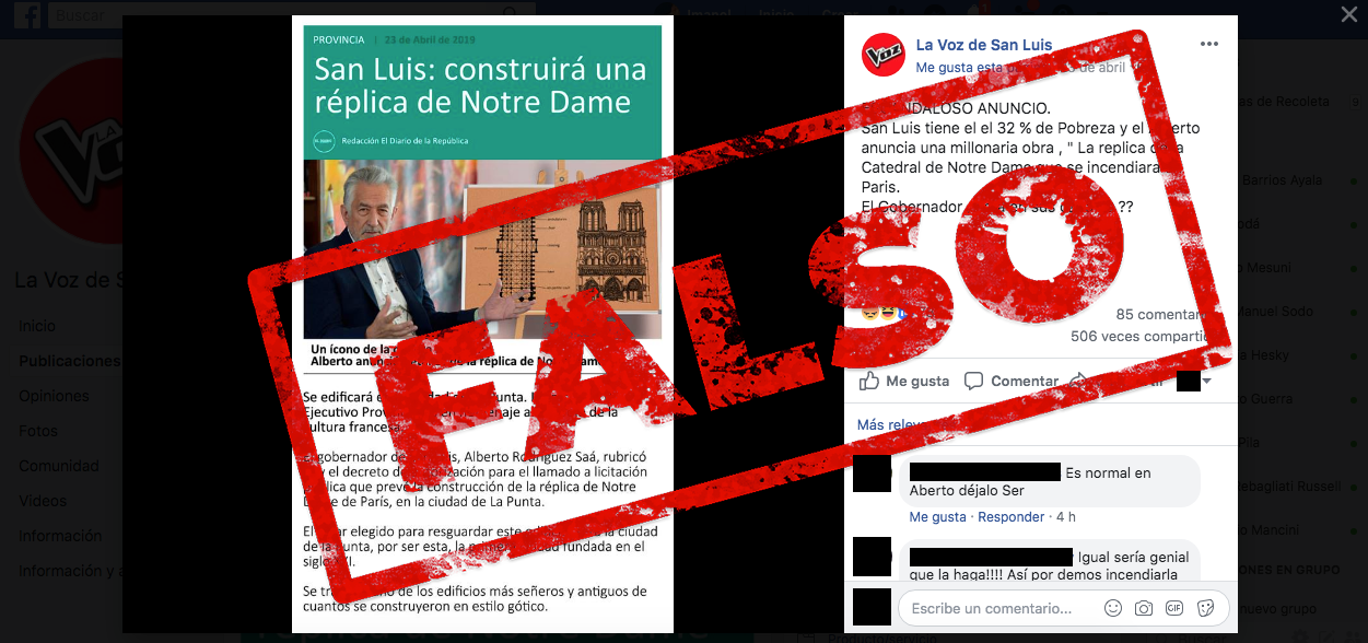Es falso que el Gobierno de San Luis construirá una réplica de la catedral de Notre Dame