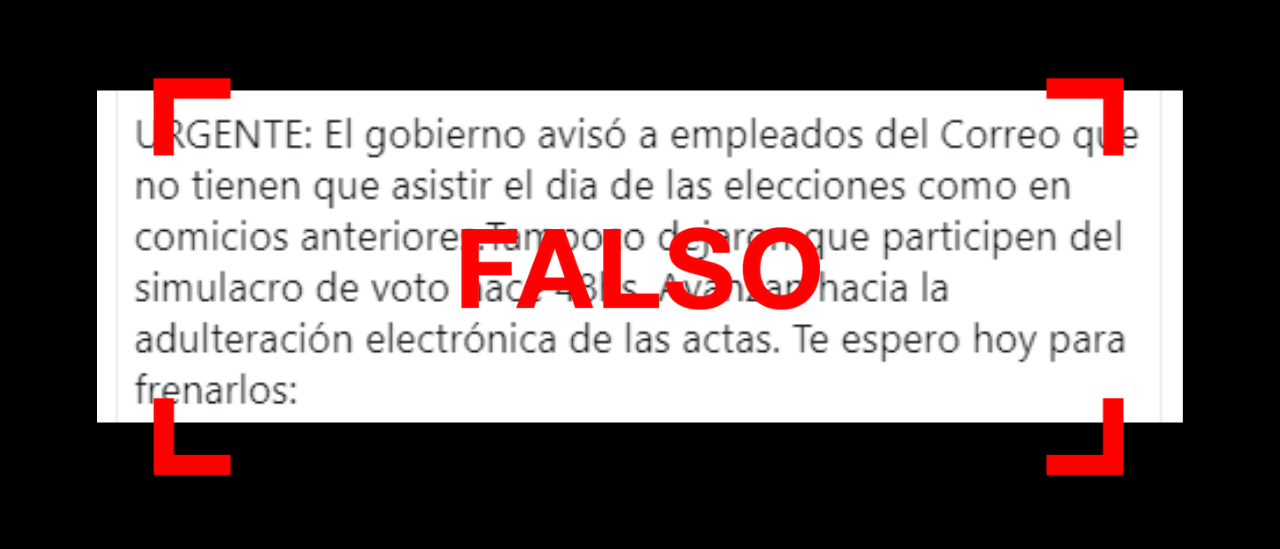Es falso que el Gobierno avisó a los empleados del Correo que no tienen que asistir el día de las elecciones