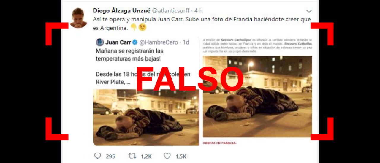 Es falso que Juan Carr mostró una foto de un indigente y afirmó que era en la Argentina