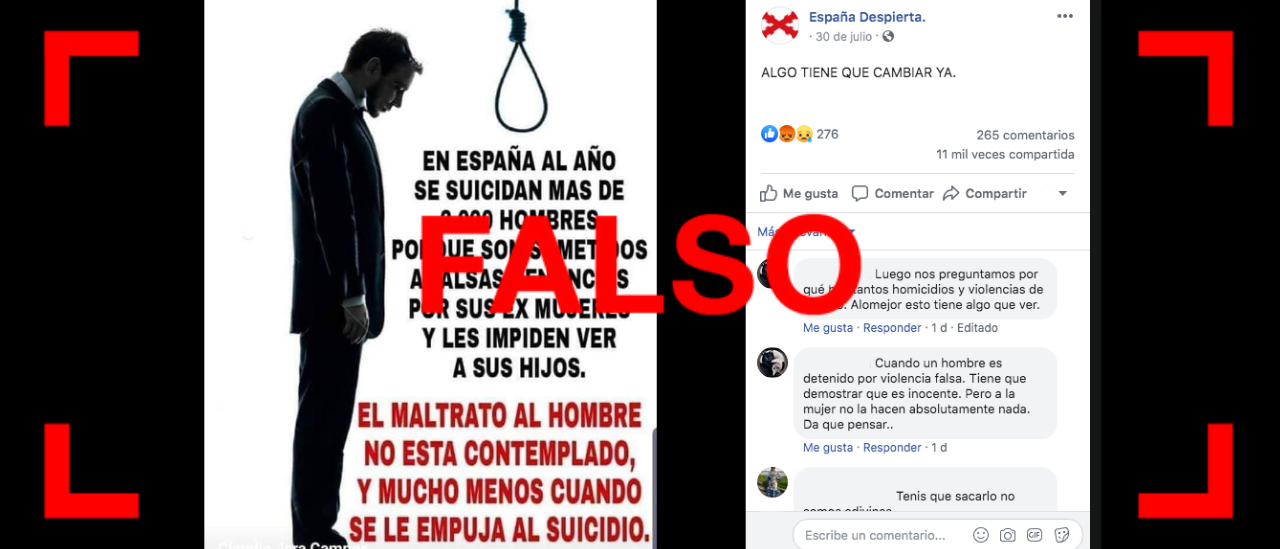 No, en España no se suicidan dos mil hombres al año por falsas denuncias de sus ex mujeres