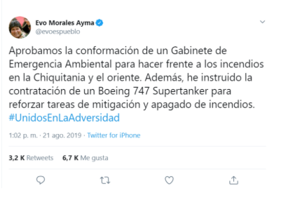 Es verdadero que Evo Morales contrató un avión SuperTanker para combatir los incendios en Bolivia