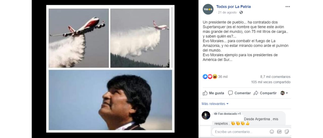 Es verdadero que Evo Morales contrató un avión SuperTanker para combatir los incendios en Bolivia