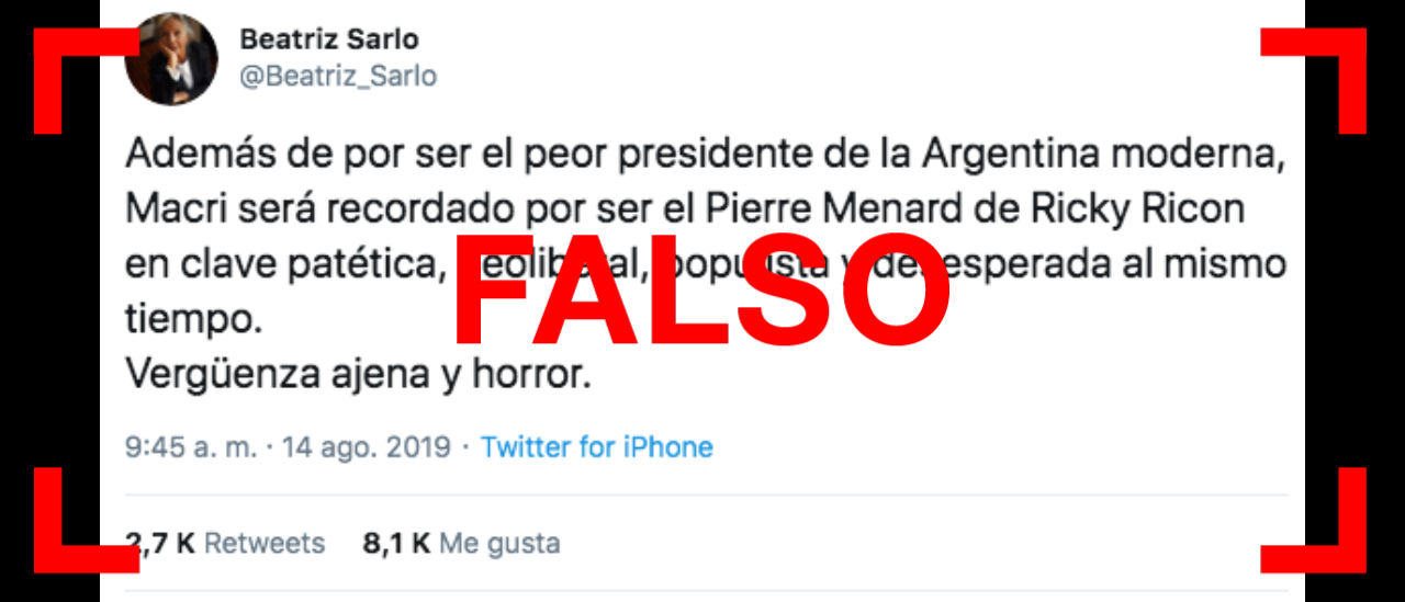 Es falso que Sarlo dijo en Twitter que Macri es el “peor presidente de la Argentina moderna”