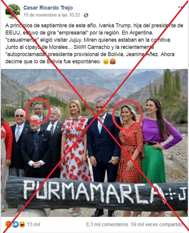 Son falsos los posteos que afirman que Camacho y la presidenta interina de Bolivia posaron junto al gobernador de Jujuy en una foto