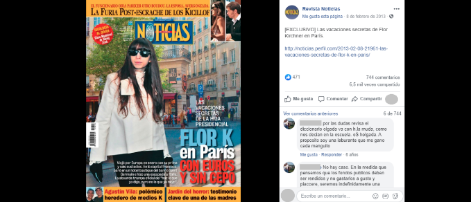 No, no es de ahora esta tapa de la revista Noticias que afirma que Florencia Kirchner viajó hace poco a París, sino de 2013