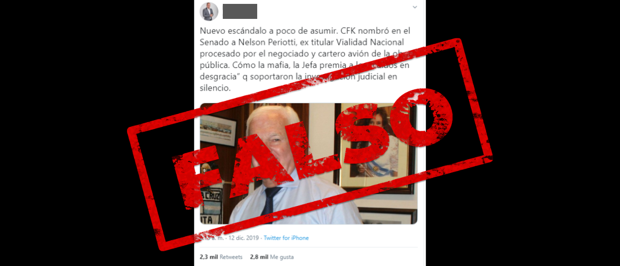 Es falso que CFK nombró a un ex funcionario procesado de Vialidad como director en el Senado