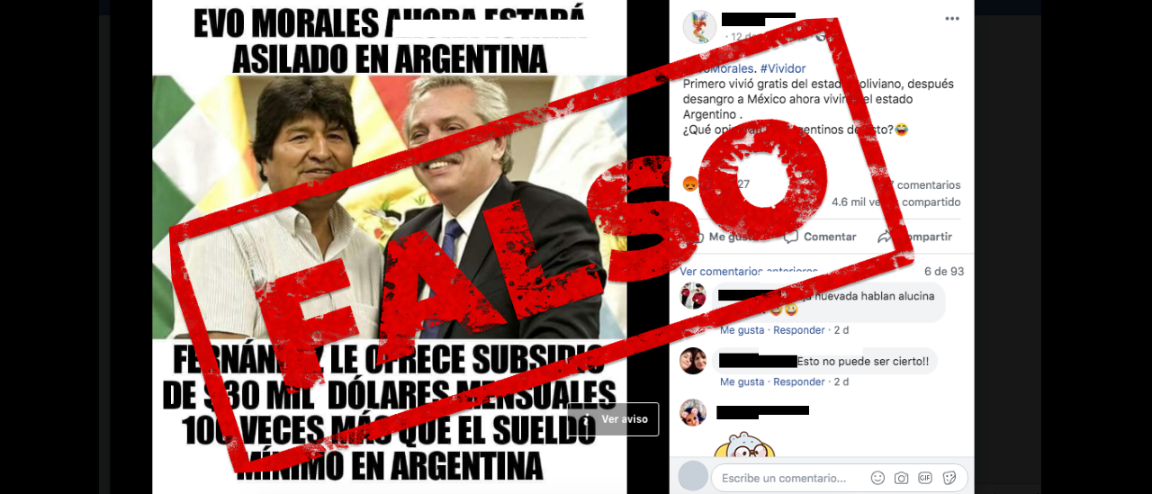 Es falso que el Estado argentino ofrece pagarle US$ 30 mil a Evo Morales por ser refugiado