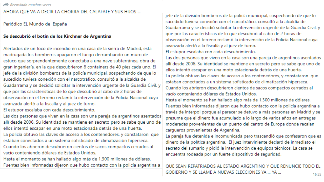 Es falsa la cadena que afirma que “se descubrió el botín de los Kirchner” en España