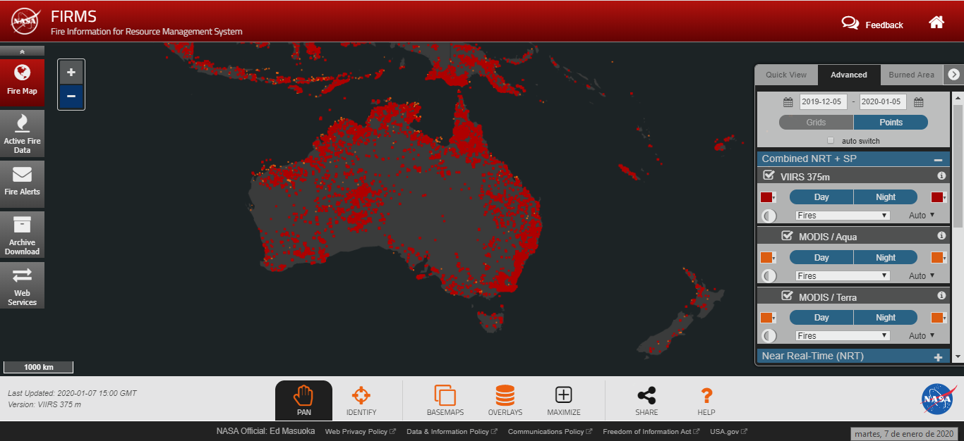 Esta imagen satelital de Australia en llamas no es real, aunque superpone incendios de los últimos 30 días