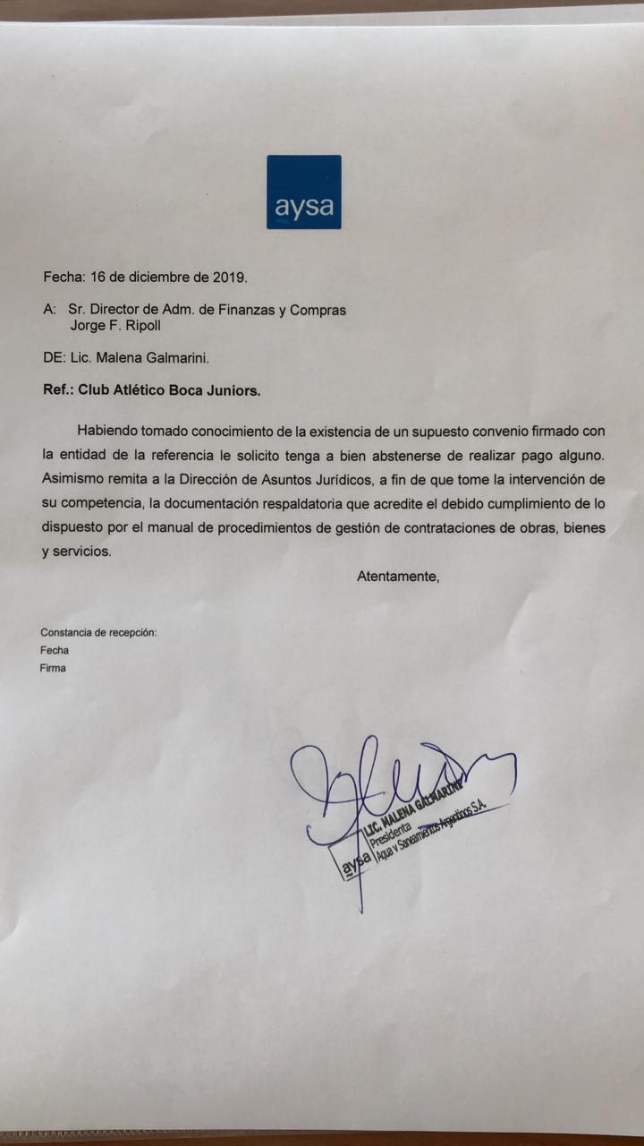 Es verdadero que Galmarini anuló el contrato entre AySA y Boca Juniors