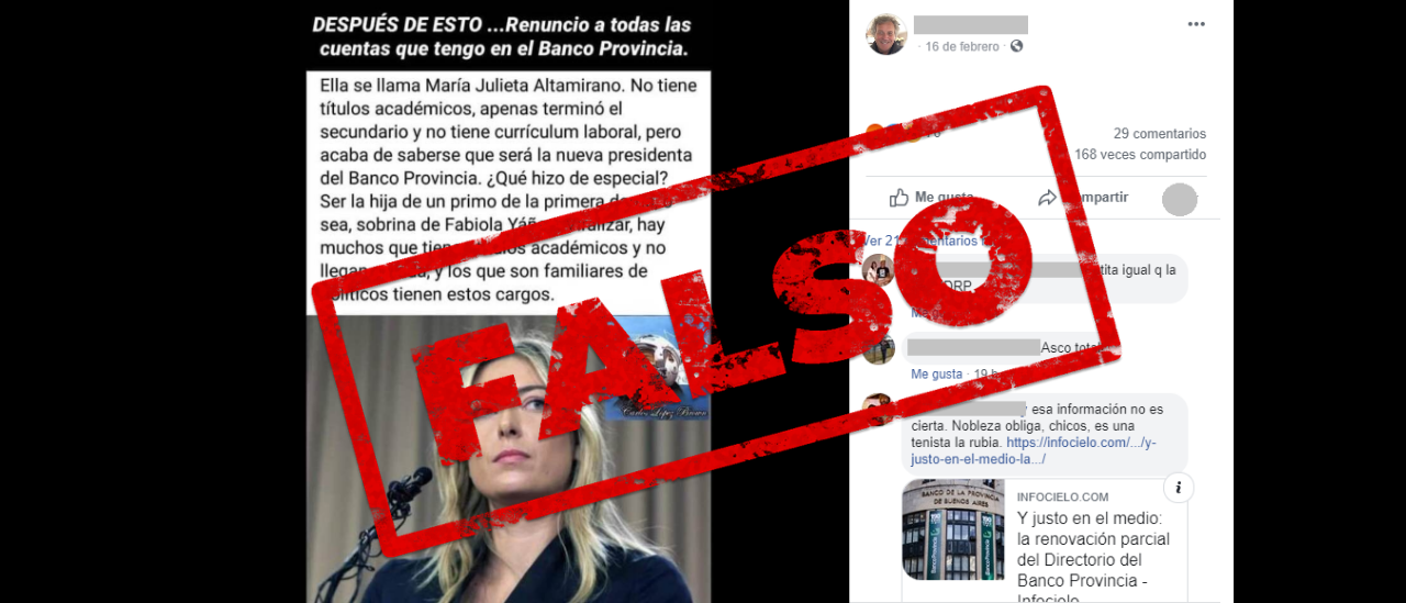 No, una sobrina de Fabiola Yáñez no fue designada presidente del Banco Provincia