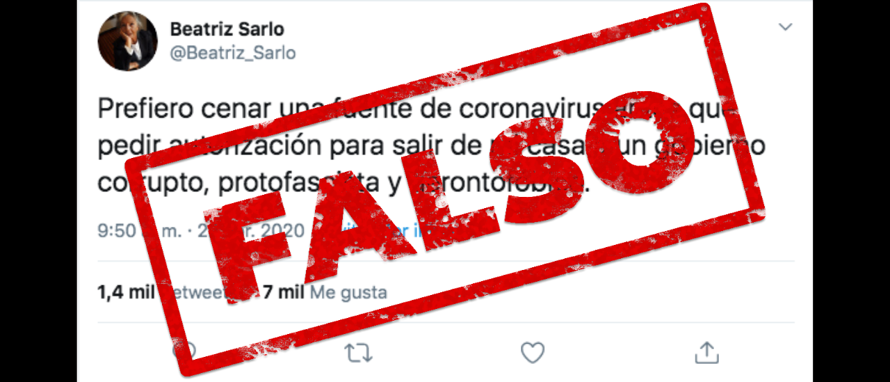 Es falso que Sarlo dijo en Twitter que el gobierno de Horacio Rodríguez Larreta es "corrupto, protofascista y gerontofóbico"