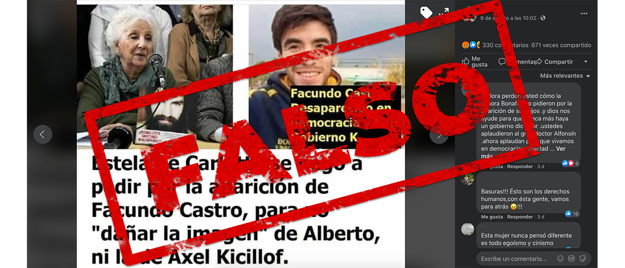Es falso que Estela de Carlotto se negó a pedir por la aparición de Facundo Castro para no “dañar la imagen de Alberto”