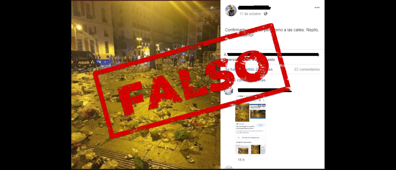 Es falso que la imagen de una plaza repleta de basura corresponda a la manifestación del 17 de octubre de 2020