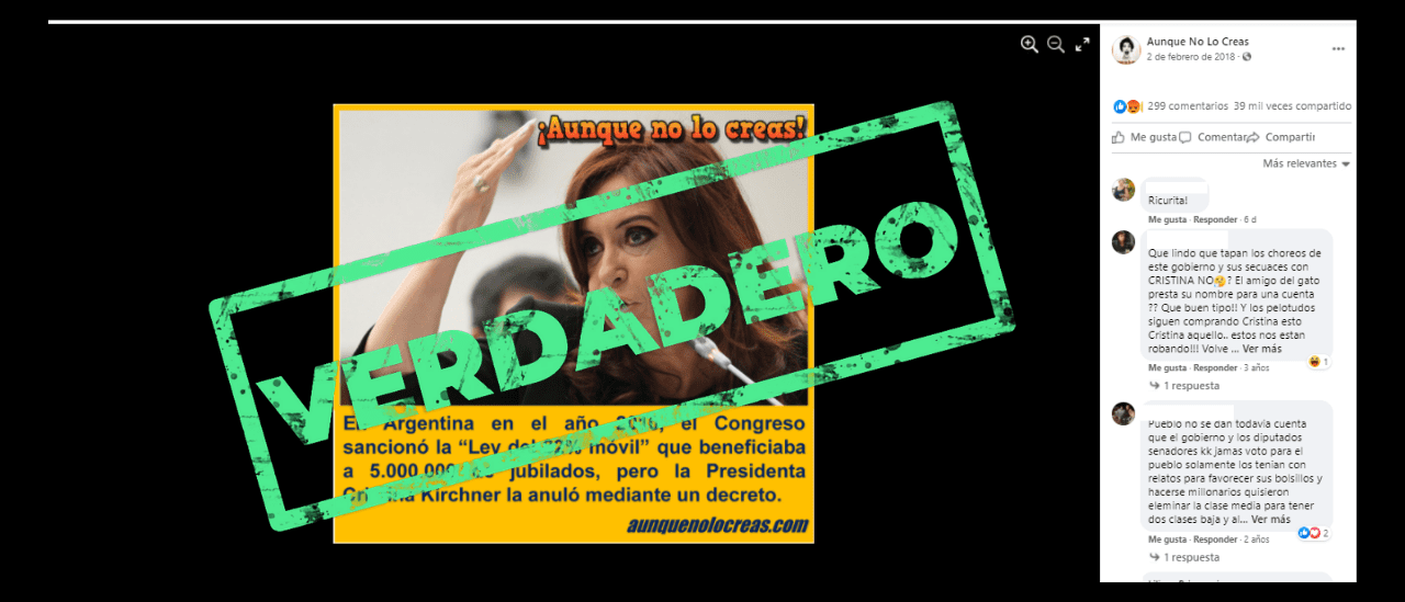 Es verdadero que Cristina Fernández de Kirchner vetó el 82% móvil para los jubilados