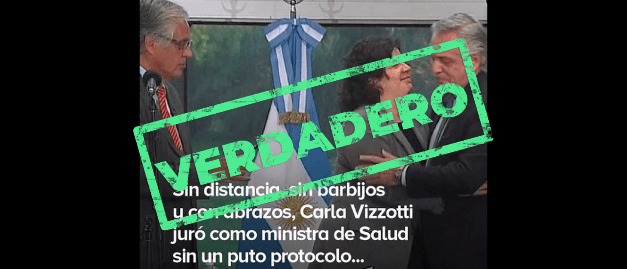 Es verdadera la imagen de Vizzotti abrazando a Alberto Fernández sin barbijo durante el acto de asunción como ministra 