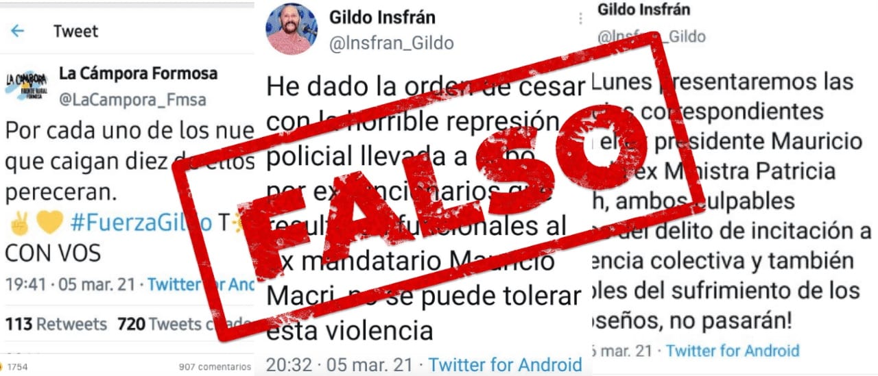 Son falsos estos tuits de Gildo Insfrán y La Cámpora sobre la represión en Formosa