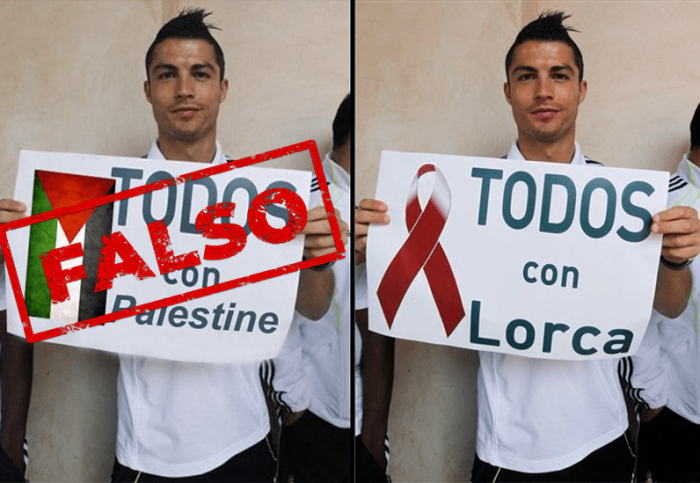 Es falsa la imagen de Cristiano Ronaldo posando con un cartel en apoyo a Palestina