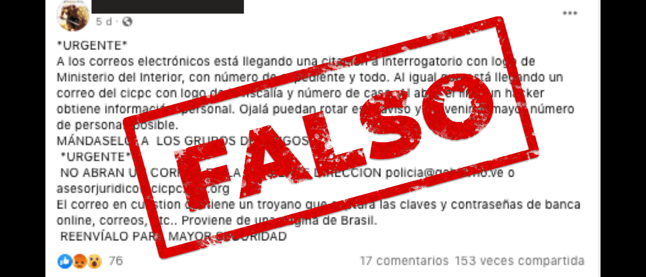 Es falso que circule por mail un virus informático que proviene de la supuesta cuenta de la Policía venezolana 