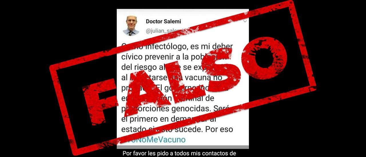Es falso que “Juliano Salemi” sea infectólogo e investigador del Conicet y que vacunarse sea un riesgo